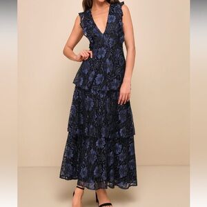 Molinetto Navy Blue Lace Ruffled Tiered Sleeveless Maxi Dress, Small